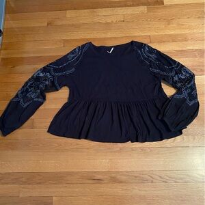 Free People BLACK  BLOUSE WITH silver Embroidered PARTIAL SHEER SLEEVE